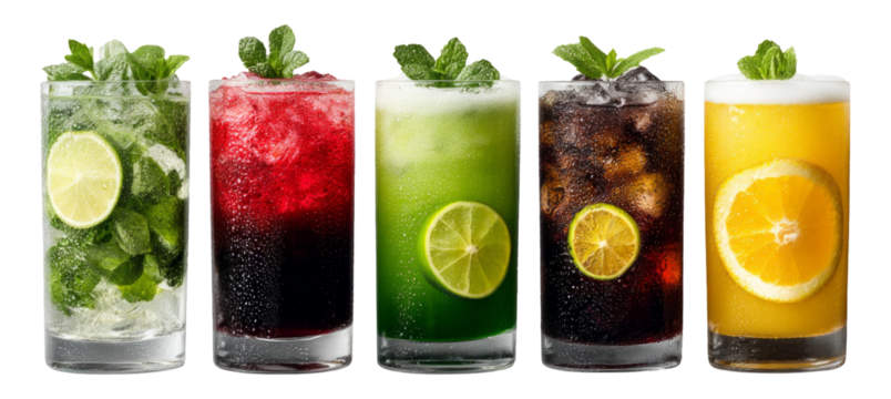 Colorful Collection of Refreshing Drinks with Mint and Citrus on Transparent Background