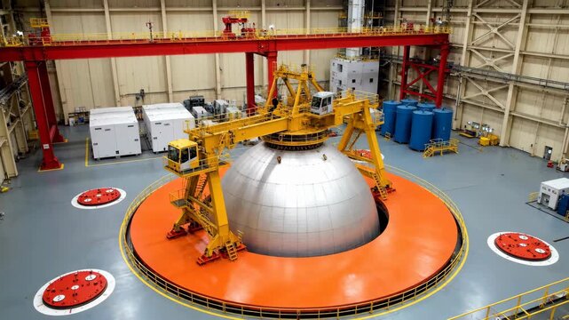 A silver rocket engine rests on an orange platform under a yellow crane in an industrial hangar, complemented by white walls, blue tanks, and red accents with soft lighting.