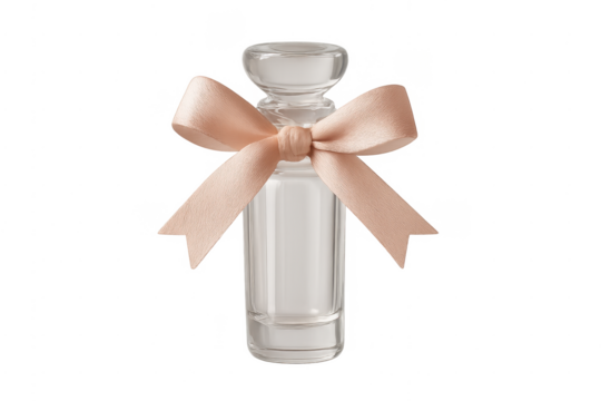 Perfume bottle with peach ribbon bow creating elegant gift