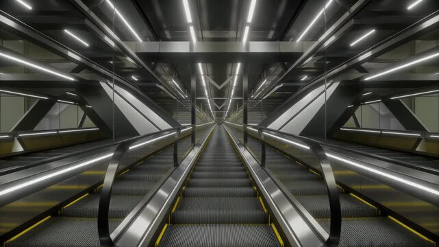 A symmetrical, futuristic view of multiple escalators in a modern, brightly lit architectural space with strong linear design.
