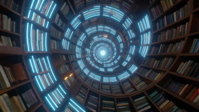 A mesmerizing spiral library with glowing blue lights and countless books, creating an infinite tunnel effect towards a central bright light.