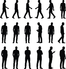 Male walking and standing silhouette set, diverse poses and gestures, modern man vector illustration collection for design, animation, and advertising projects