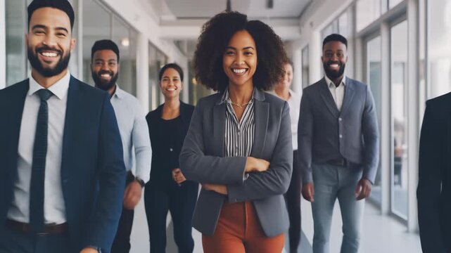 A diverse group of smiling business professionals walking confidently down a modern office hallway. - Powered by Adobe