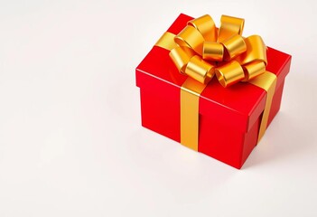 A red gift box with a luxurious gold bow sits on a plain background, bow, holiday