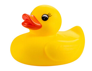 A cheerful yellow bath toy duck with red beak and eyelashes