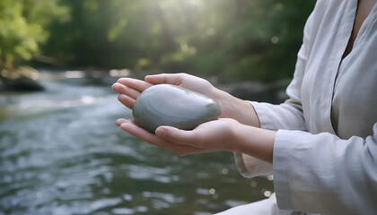 Holding Stones by River, Meditative Nature Moment, Outdoor Mindfulness with Stones
