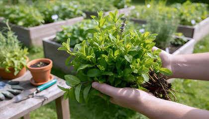Harvesting Fresh Herbs from Garden, Hand Picking Herbs, Organic Gardening in Backyard