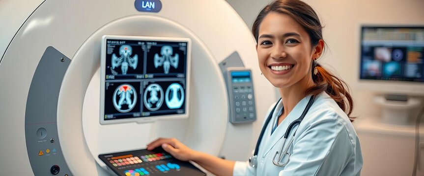 A smiling technologist operating advanced medical imaging equipment,  medical professional,  equipment - Powered by Adobe