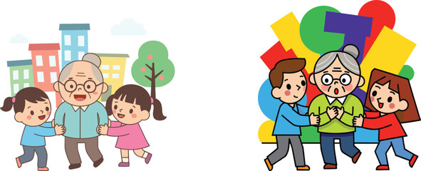 Children Walking with Elderly Grandparents in Urban and Abstract Background – Family Bonding, Generational Love and Joyful Moments Vector Illustration