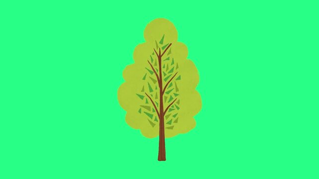 A simple stylized tree centered on a vivid green background with brown trunk and leafy canopy in view, video loops, green screen, 4k, footage, 4k footage, videos, video clip, slow motion