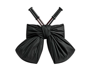 Black satin fabric bow with crossed handles on black