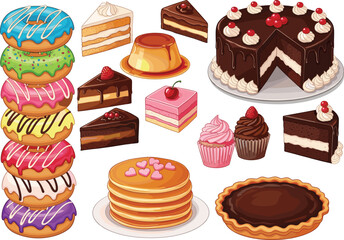 Colorful cartoon dessert collection with donuts, cakes, cupcakes, flan, pancakes, and tart for sweet food vector and culinary design.