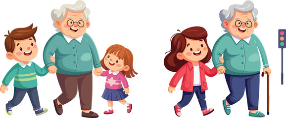 Grandfather Walking with Children Near Traffic Light – Family Bonding, Safety, Generations, Love and Care in Vector Cartoon Illustration