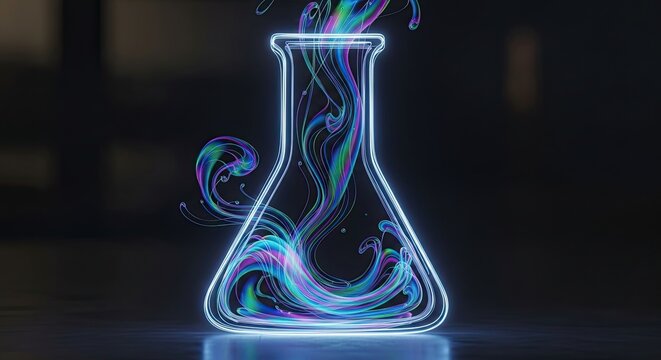 Vibrant neon fluid swirls dynamically erupting from a glowing laboratory flask, symbolizing innovation and scientific discovery in a modern abstract concept.