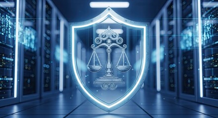 Digital justice shield with scales of justice prominently displayed within a futuristic server room symbolizing cybersecurity and legal protection for data
