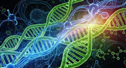 Vibrant DNA strands intertwine with glowing neural networks and microscopic cellular structures, visualizing complex biology and scientific discovery in a dynamic, futuristic aesthetic.