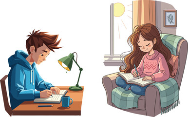 Two people writing in cozy home settings with warm lighting, notebooks, coffee, and peaceful atmosphere for study and relaxation.