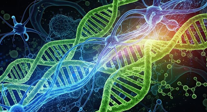 Vibrant DNA strands intertwine with glowing neural networks and microscopic cellular structures, visualizing complex biology and scientific discovery in a dynamic, futuristic aesthetic. - Powered by Adobe