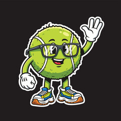 A cheerful cartoon tennis ball mascot with glasses and sneakers waving a gloved hand.
