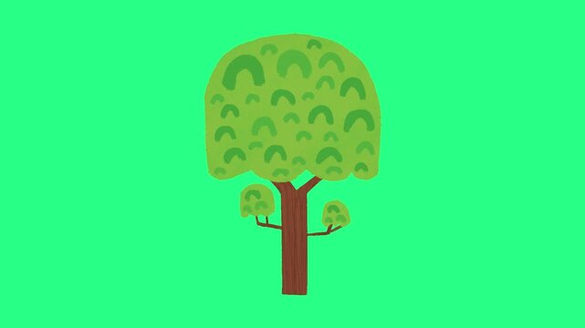 Cartoon-style tree with a thick brown trunk and rounded green canopy on a bright green background, video loops, green screen, 4k, footage, 4k footage, videos, video clip, slow motion