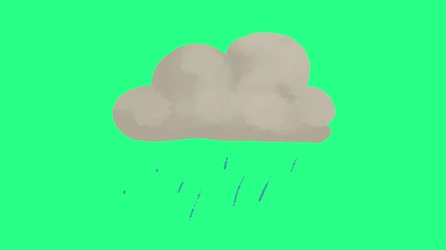 A bright green background features a simple gray cloud and blue raindrops falling gently downwardly, video loops, green screen, 4k, footage, 4k footage, videos, video clip, slow motion