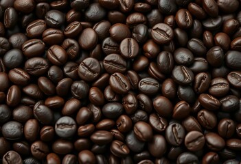 Fototapeta premium Close-up of dark roasted coffee beans, rich brown tones, food background, aroma