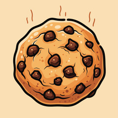 A freshly baked chocolate chip cookie illustration with steam rising from the top.