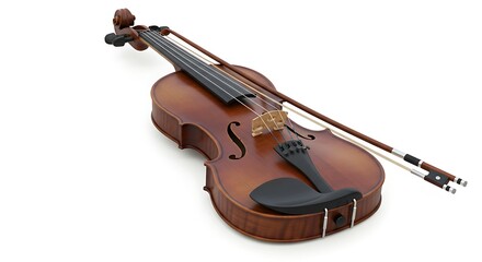 Obraz premium Classical Brown Violin with Bow Isolated on White Background Studio Shot