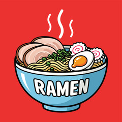 A steaming blue bowl of Japanese ramen noodles with pork, egg, and toppings on a red background.