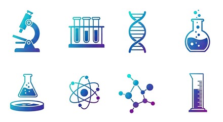 Vibrant collection of scientific icons representing research, discovery, and innovation including a microscope, DNA, and molecular structures for dynamic presentations.