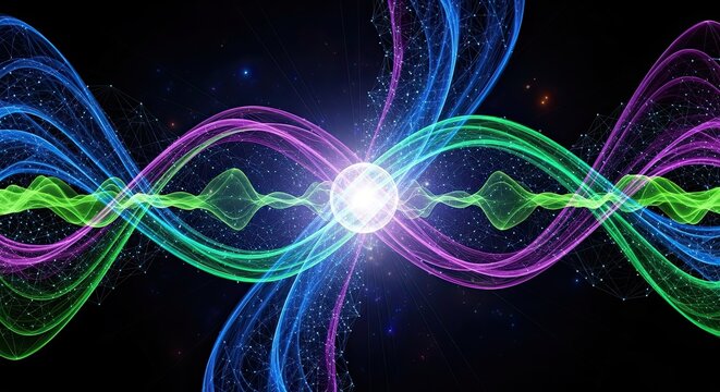 Stunning abstract visualization of interconnected energy waves and data streams creating a vibrant, dynamic cosmic network with a bright central glow, perfect for tech and science themes.
