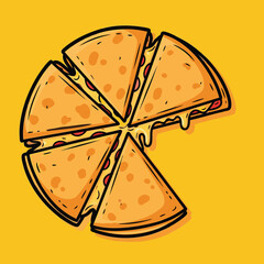 Cartoon illustration of a sliced quesadilla or pizza with melting cheese on a yellow background.