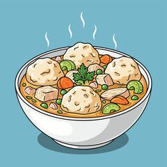 A steaming bowl of homemade chicken and dumplings soup with fresh vegetables and parsley garnish.