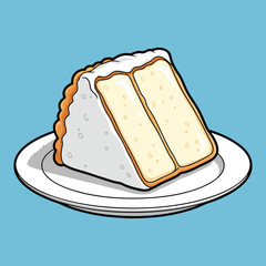A cartoon illustration of a delicious slice of two-layer vanilla cake with white frosting on a plate.