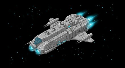 Futuristic Spaceship Flying Through Starry Space with Blue Engine Flames