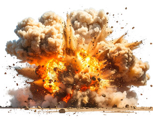 Fiery blast erupts, scattering debris and thick, sandy smoke