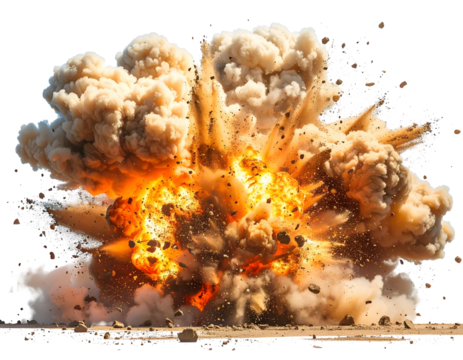 Fiery blast erupts, scattering debris and thick, sandy smoke