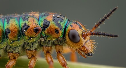 Extreme  captures iridescent colors and intricate details of an insect larva's head and body segments