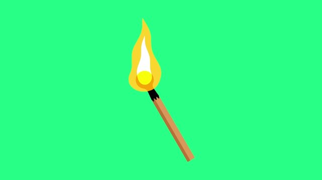 A simple illustration of a lit wooden match with a yellow-orange flame on a bright green background, video loops, green screen, 4k, footage, 4k footage, videos, video clip, slow motion