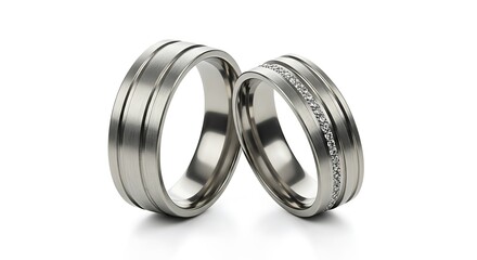 Two Wedding Rings Silver Bands with and Without Diamonds Close Up