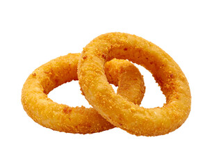 Golden, crispy rings of fried onion, overlapping against black