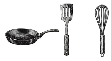 Vintage Style Cooking Utensils Illustration Pan Spatula and Whisk