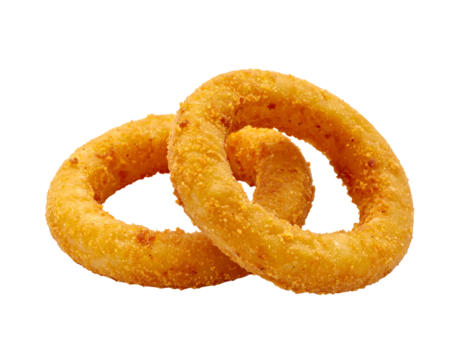 Golden, crispy rings of fried onion, overlapping against black