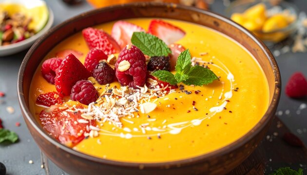 Enjoy a vibrant mango smoothie bowl topped with fresh berries, coconut flakes, and mint for a refreshing start to your day or a light, healthy dessert