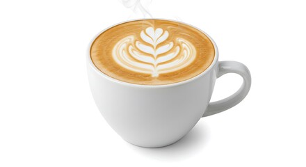 Steaming Latte Art Coffee in White Cup on Clean Background