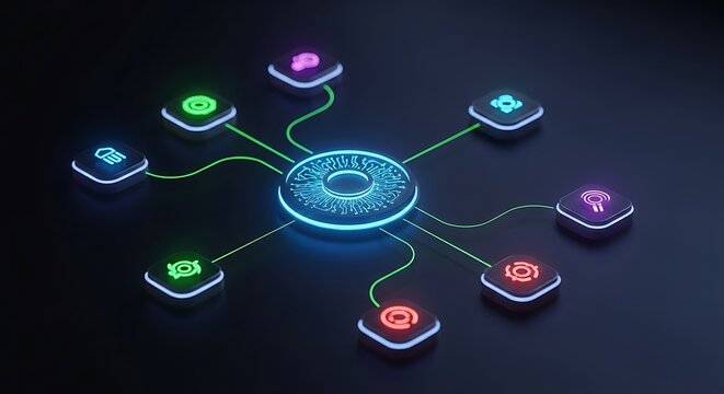 Futuristic Digital Network Hub Visualizing Data Flow And Interconnected Smart Technology Systems With Glowing Neon Lines On A Dark Background Representing Artificial Intelligence And Modern