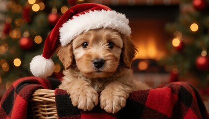 Adorable golden doodle puppy wearing santa hat resting on plaid blanket near warm fireplace with christmas lights