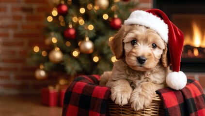 A charming puppy wearing a santa hat resting in a basket near festive christmas tree and warm fireplace