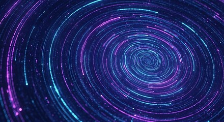 Dynamic Neon Particle Swirl Background Showing Vibrant Blue and Magenta Light Trails Moving in Concentric Circles Representing High-Speed Data Flow and Digital Technology