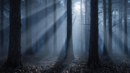 Ethereal forest scene with shafts of sunlight piercing through the misty canopy